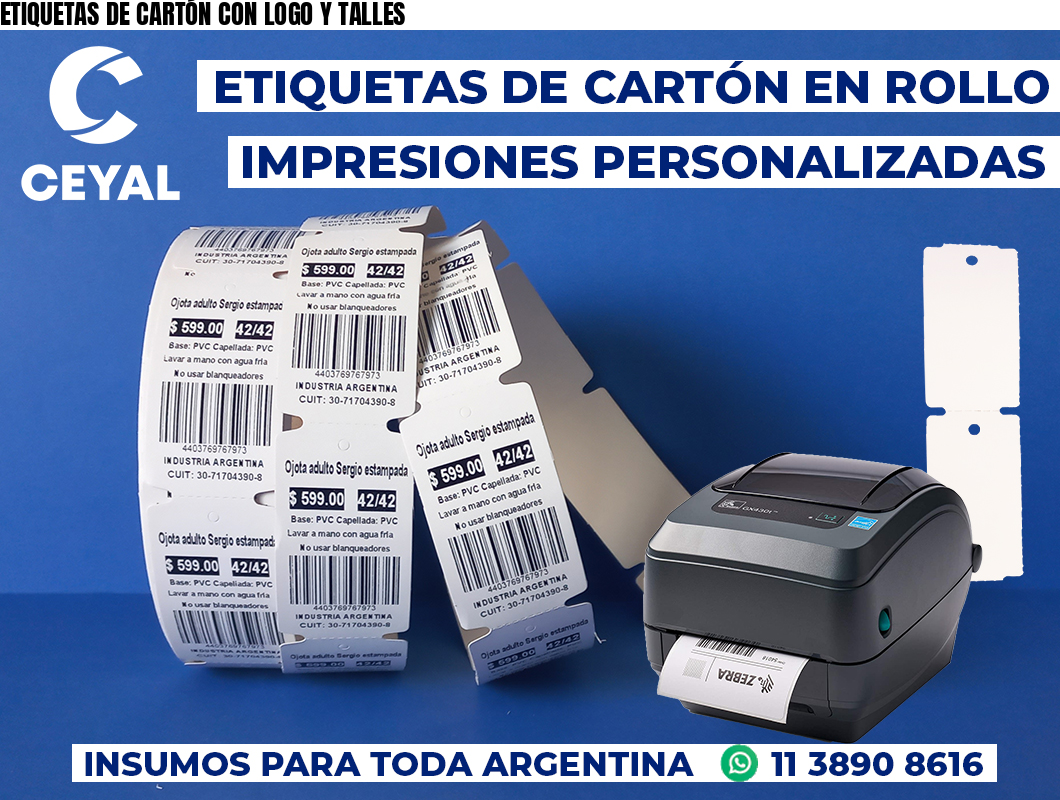 ETIQUETAS DE CARTÓN CON LOGO Y TALLES