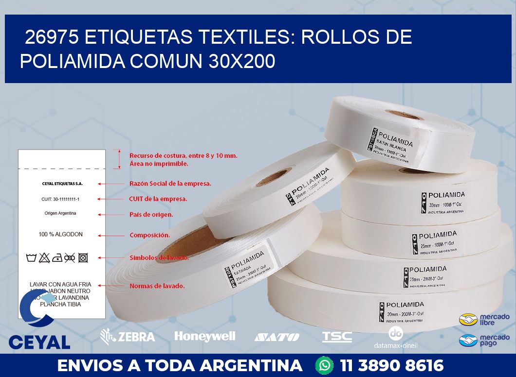 26975 ETIQUETAS TEXTILES: ROLLOS DE POLIAMIDA COMUN 30X200