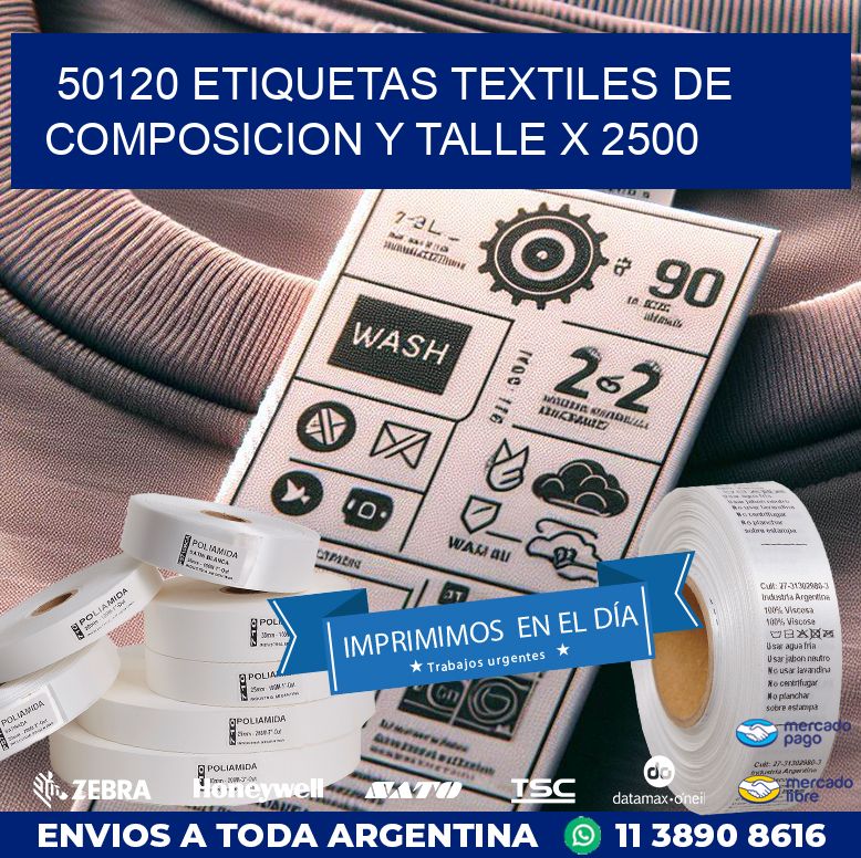 50120 ETIQUETAS TEXTILES DE COMPOSICION Y TALLE X 2500