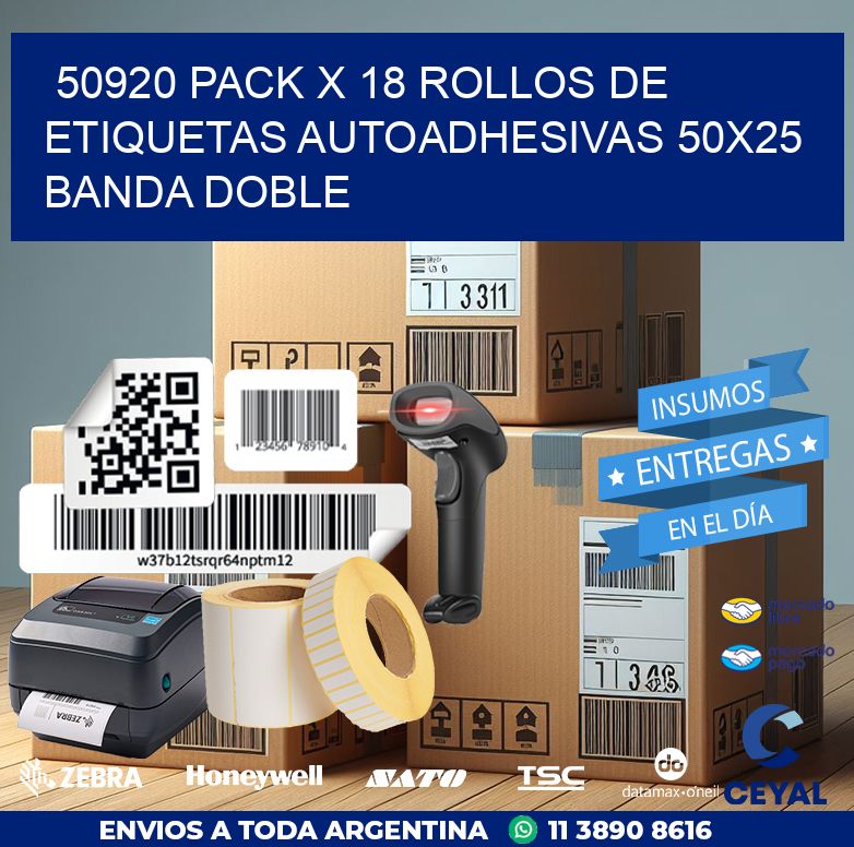 50920 PACK X 18 ROLLOS DE ETIQUETAS AUTOADHESIVAS 50X25 BANDA DOBLE