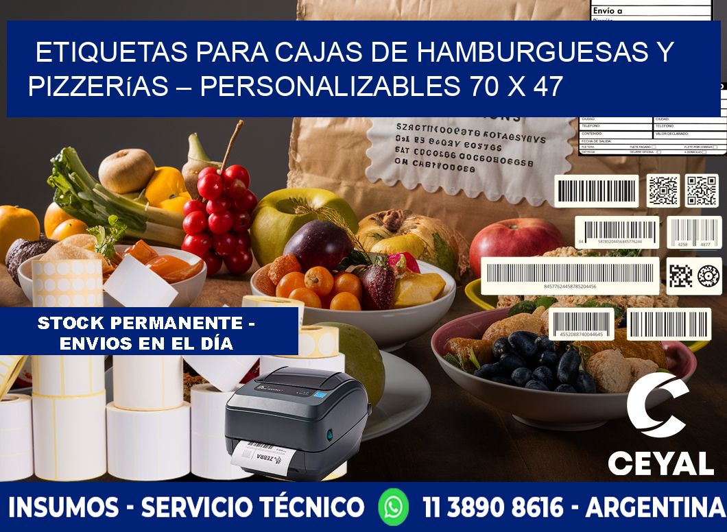 Etiquetas para cajas de hamburguesas y pizzerías – Personalizables 70 x 47