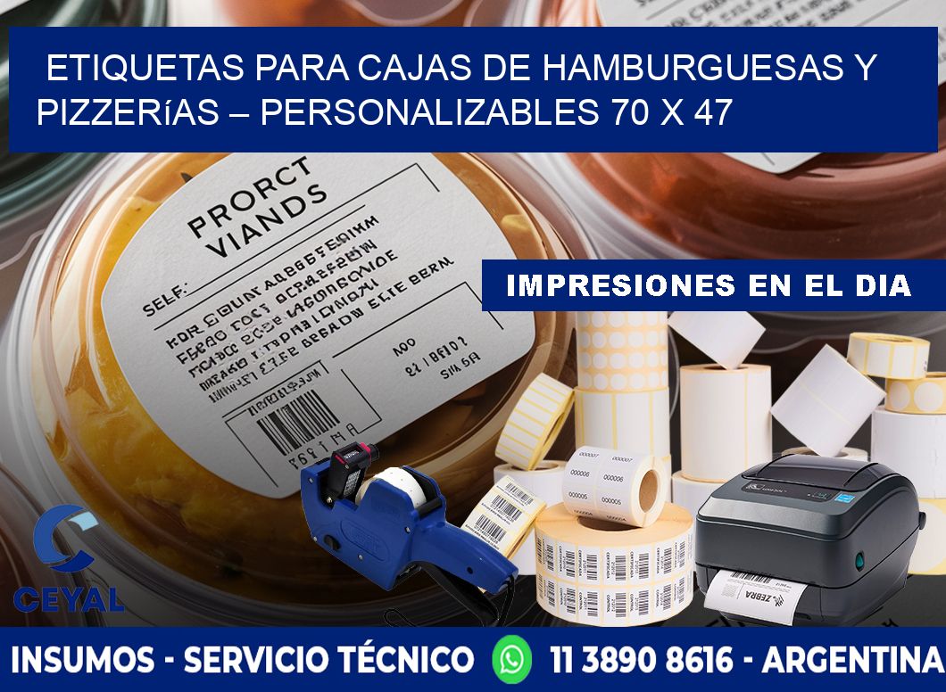 Etiquetas para cajas de hamburguesas y pizzerías – Personalizables 70 x 47