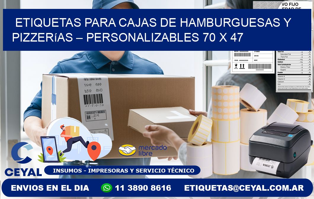 Etiquetas para cajas de hamburguesas y pizzerías – Personalizables 70 x 47