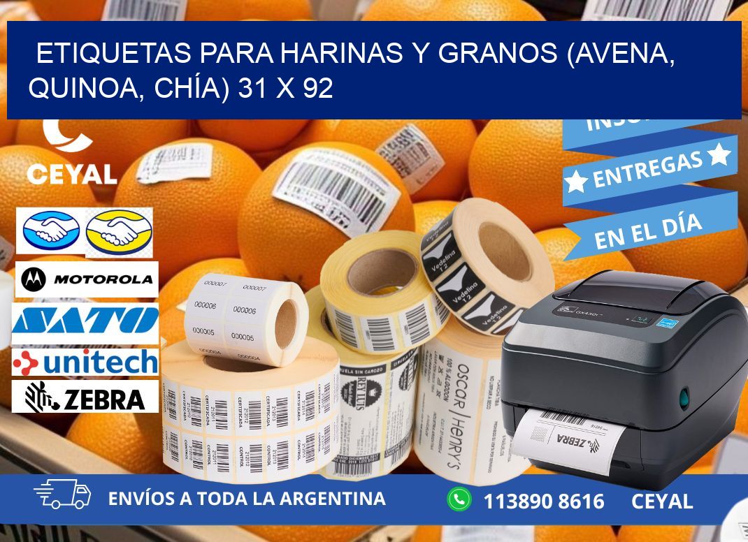 ETIQUETAS PARA HARINAS Y GRANOS (AVENA, QUINOA, CHÍA) 31 x 92