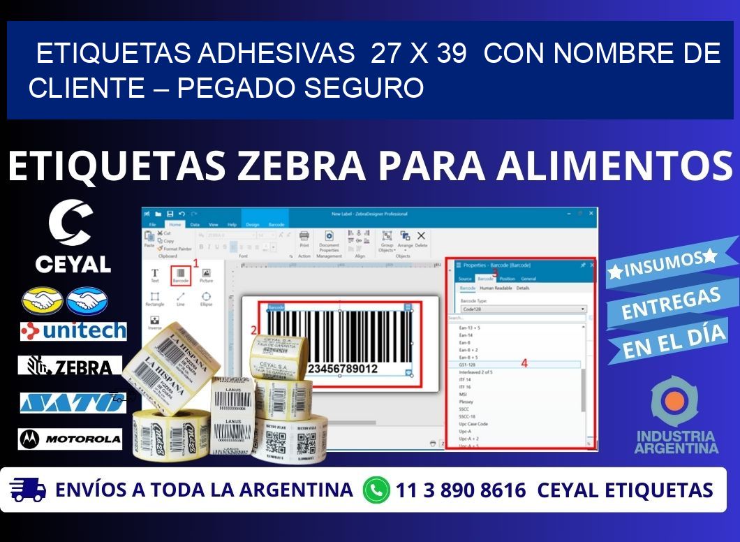 Etiquetas Adhesivas  27 x 39  con Nombre de Cliente – Pegado Seguro