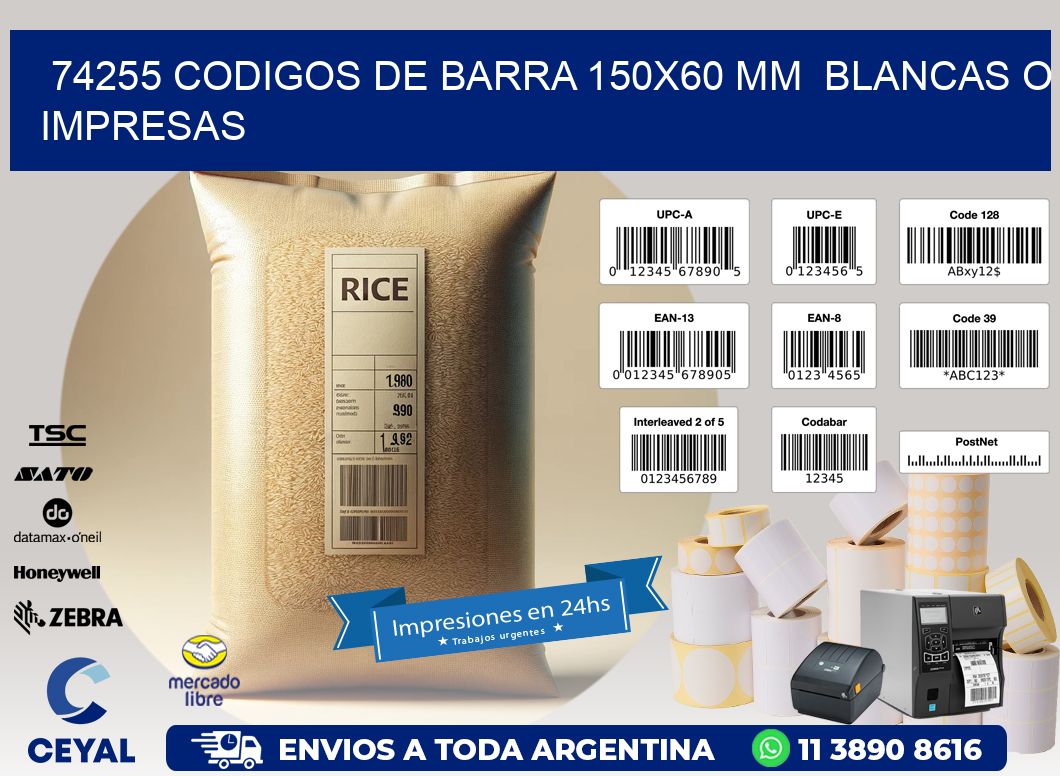 74255 CODIGOS DE BARRA 150x60 mm BLANCAS O IMPRESAS
