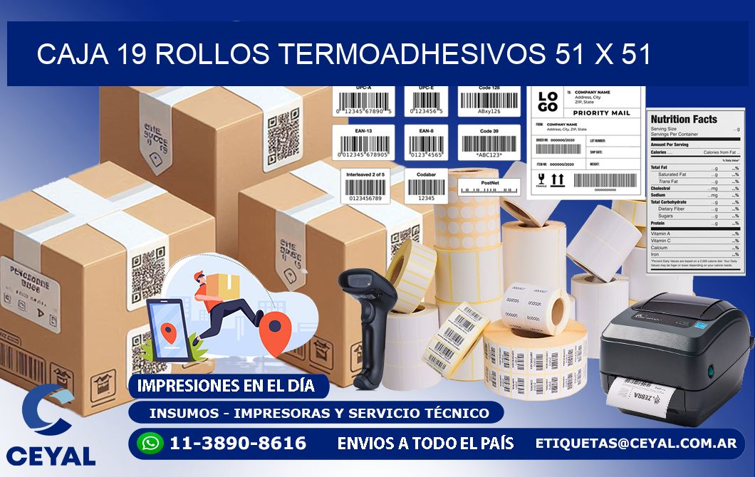 CAJA 19 ROLLOS TERMOADHESIVOS 51 x 51