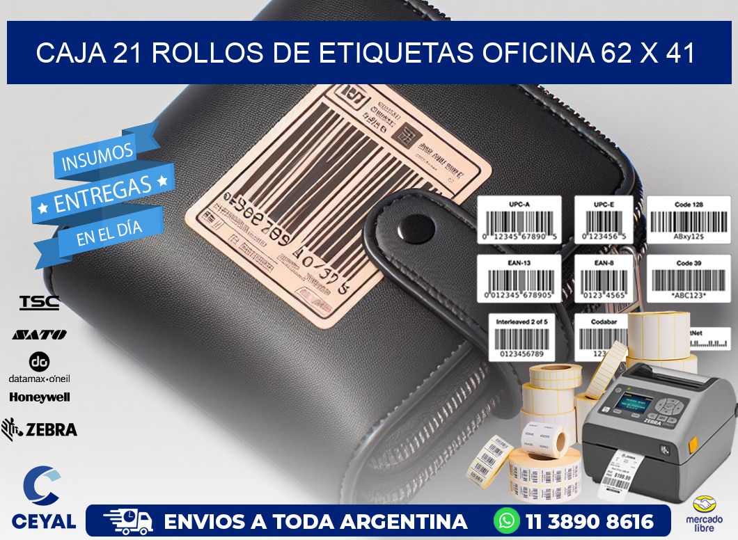 CAJA 21 ROLLOS DE ETIQUETAS OFICINA 62 x 41