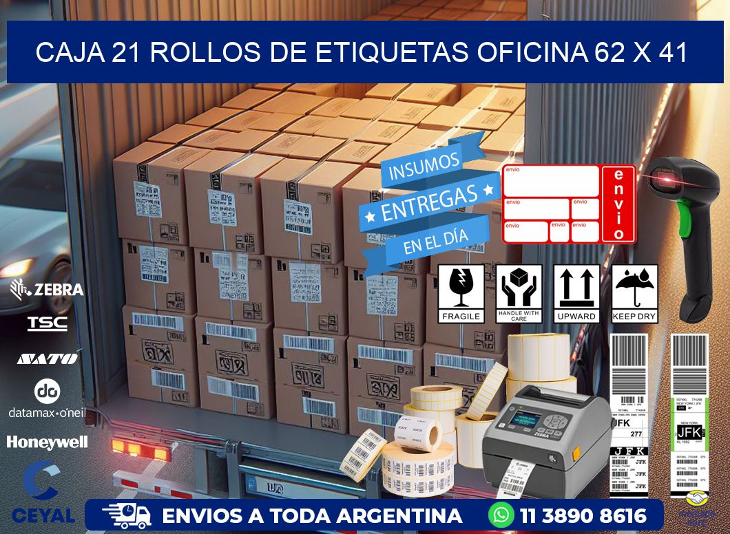 CAJA 21 ROLLOS DE ETIQUETAS OFICINA 62 x 41