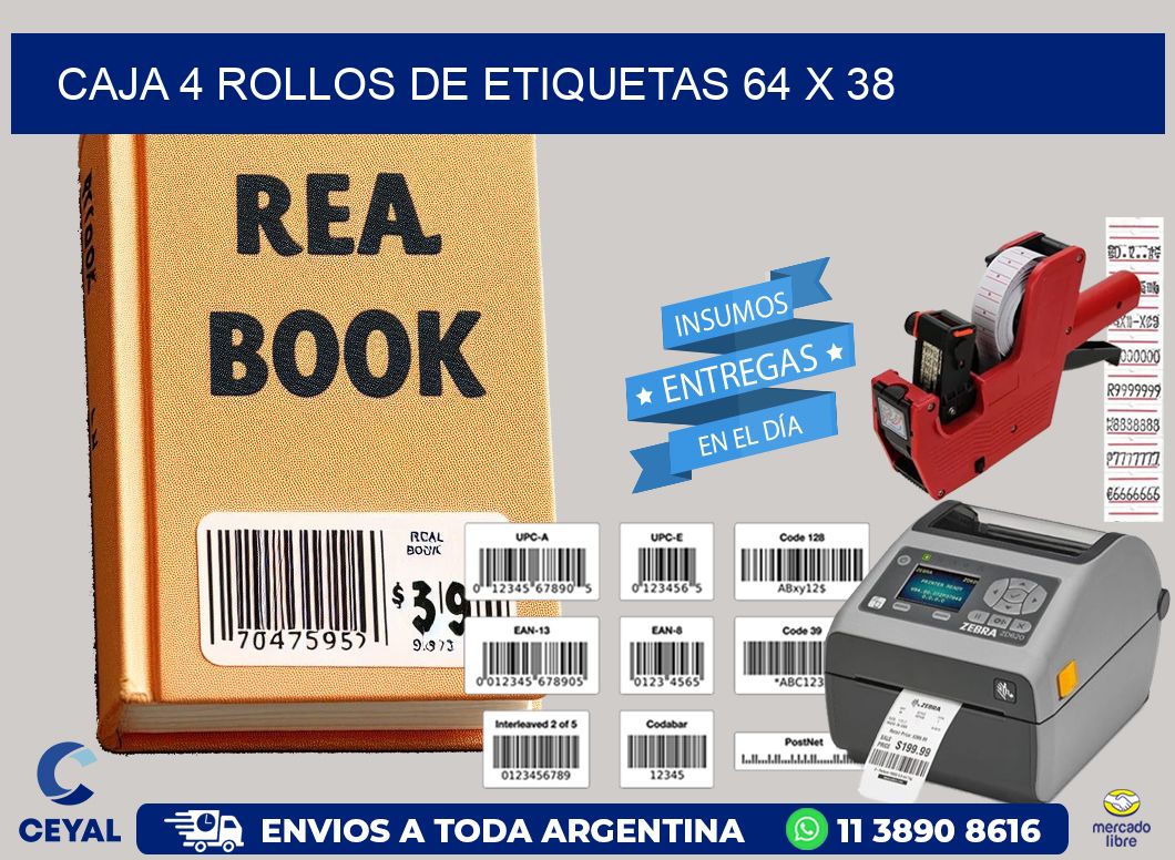 CAJA 4 ROLLOS DE ETIQUETAS 64 x 38