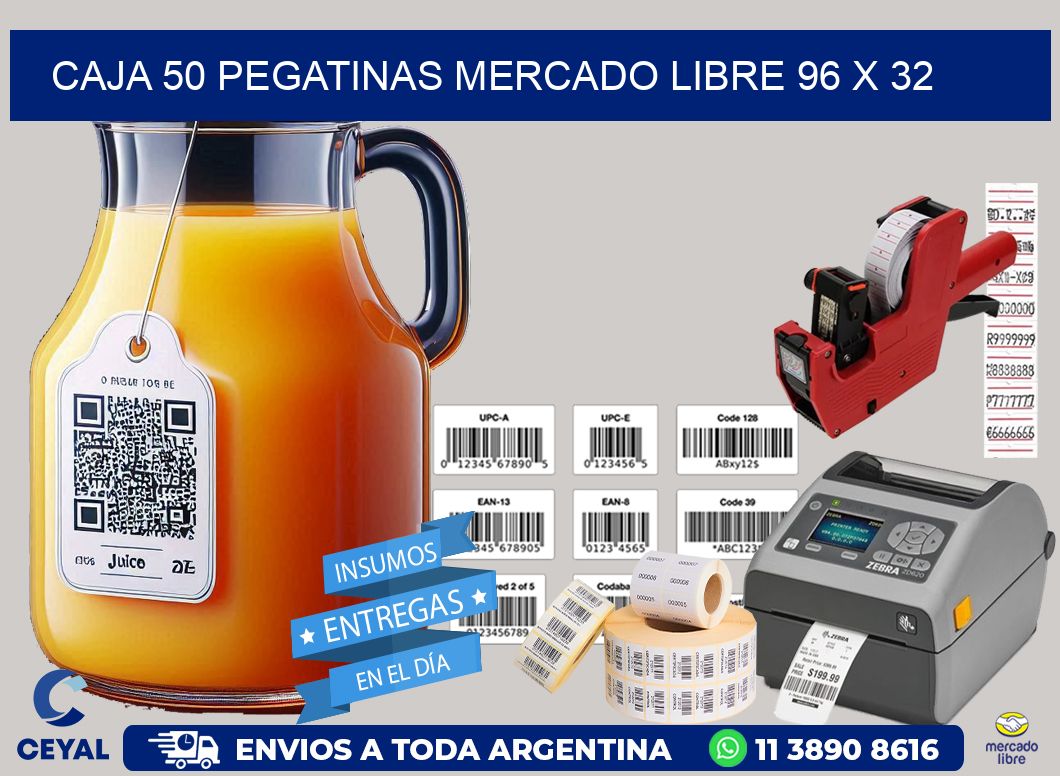 CAJA 50 PEGATINAS MERCADO LIBRE 96 x 32