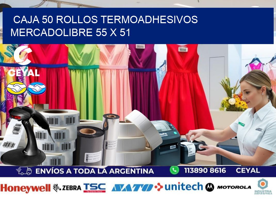 CAJA 50 ROLLOS TERMOADHESIVOS MERCADOLIBRE 55 x 51