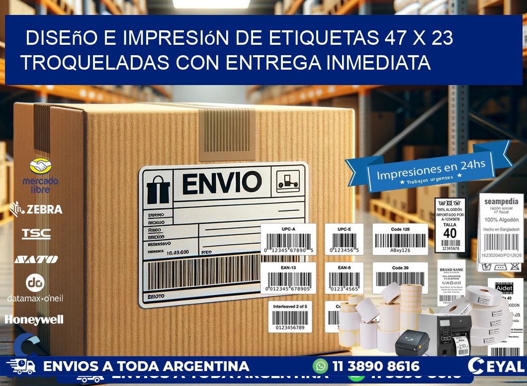 Diseño e impresión de etiquetas 47 x 23 troqueladas con entrega inmediata