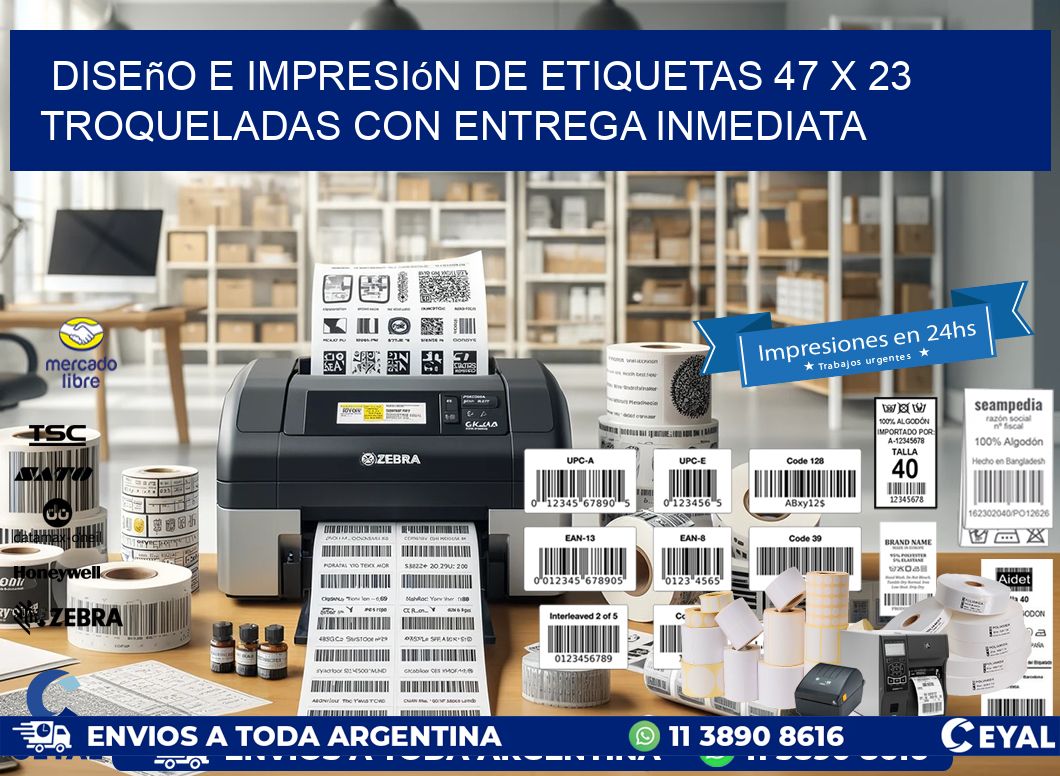 Diseño e impresión de etiquetas 47 x 23 troqueladas con entrega inmediata