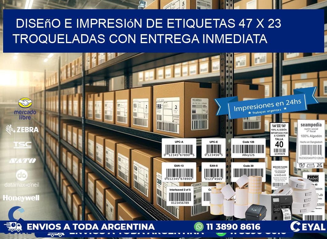Diseño e impresión de etiquetas 47 x 23 troqueladas con entrega inmediata