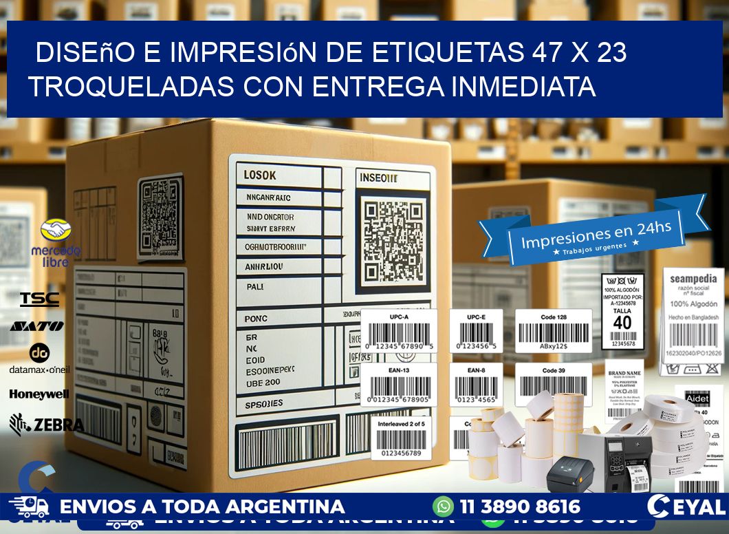 Diseño e impresión de etiquetas 47 x 23 troqueladas con entrega inmediata