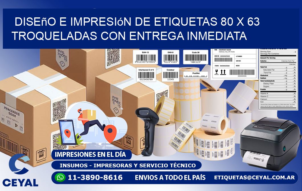 Diseño e impresión de etiquetas 80 x 63 troqueladas con entrega inmediata