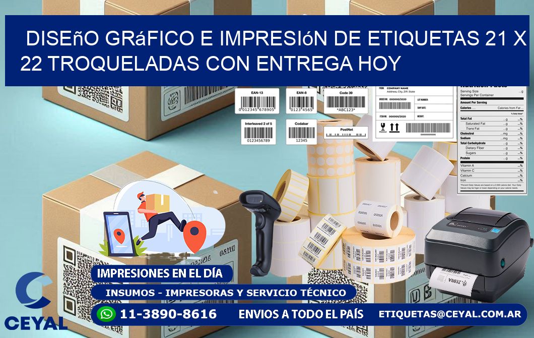 Diseño gráfico e impresión de etiquetas 21 x 22 troqueladas con entrega hoy