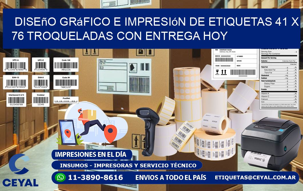 Diseño gráfico e impresión de etiquetas 41 x 76 troqueladas con entrega hoy
