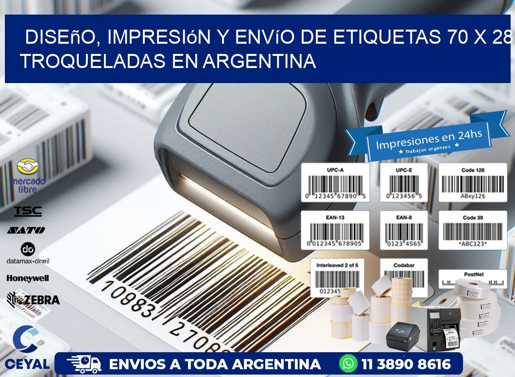 Diseño, impresión y envío de etiquetas 70 x 28 troqueladas en Argentina