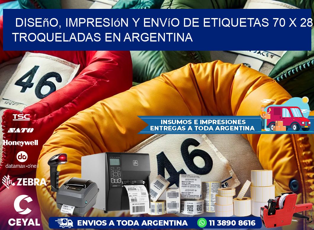 Diseño, impresión y envío de etiquetas 70 x 28 troqueladas en Argentina