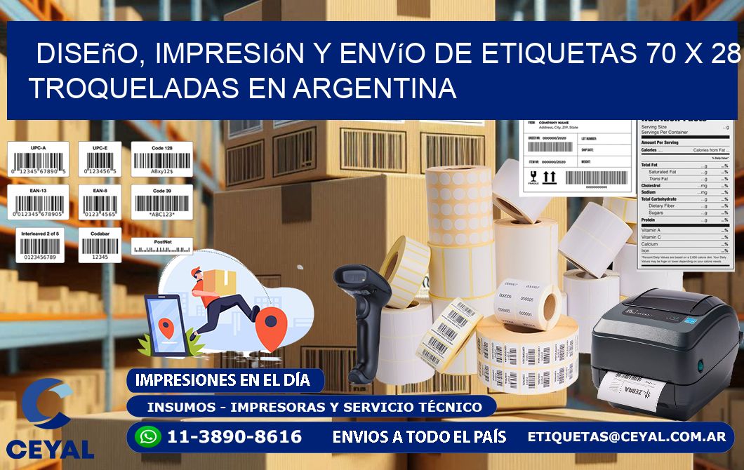 Diseño, impresión y envío de etiquetas 70 x 28 troqueladas en Argentina