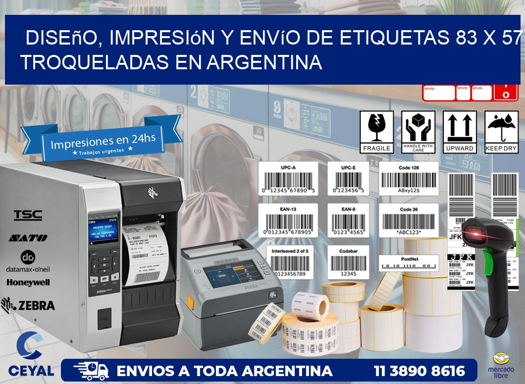 Diseño, impresión y envío de etiquetas 83 x 57 troqueladas en Argentina