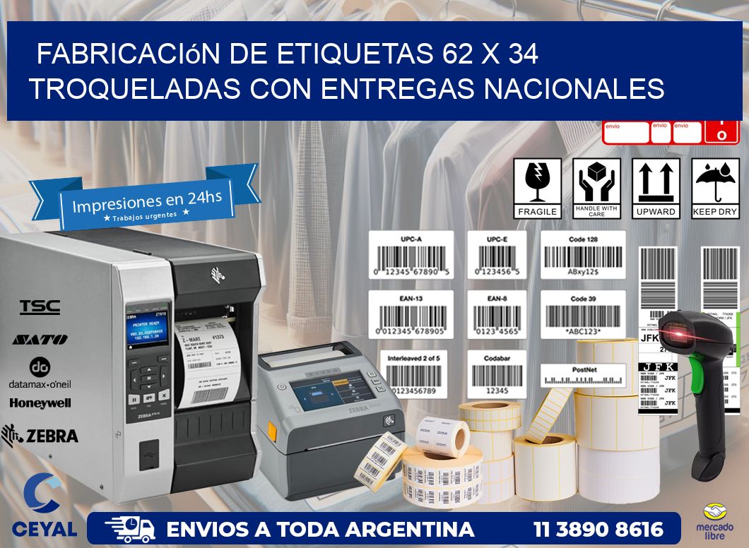 Fabricación de etiquetas 62 x 34 troqueladas con entregas nacionales