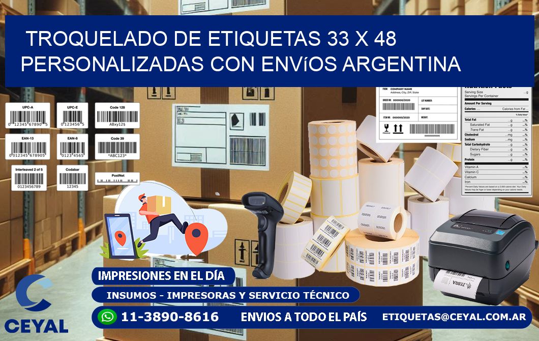 Troquelado de etiquetas 33 x 48 personalizadas con envíos Argentina