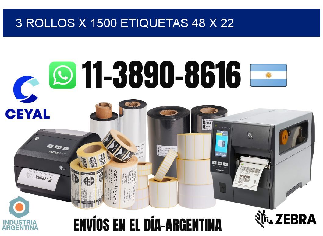3 rollos x 1500 etiquetas 48 x 22