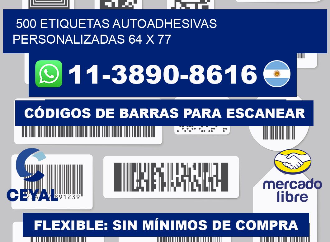 500 Etiquetas autoadhesivas personalizadas 64 x 77