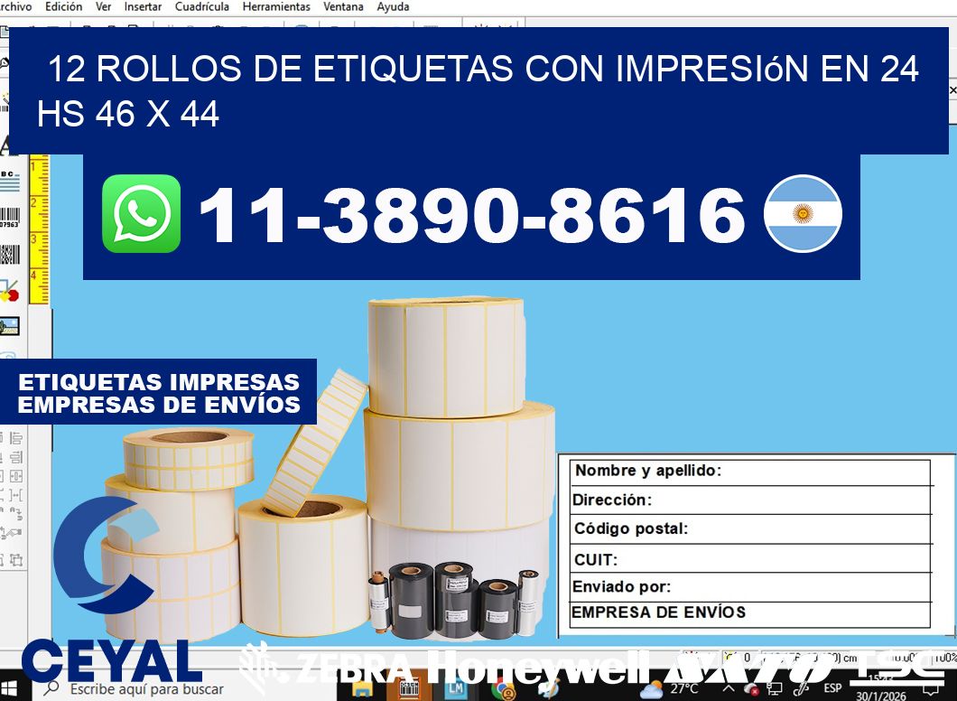 12 rollos de etiquetas con impresión en 24 hs 46 x 44
