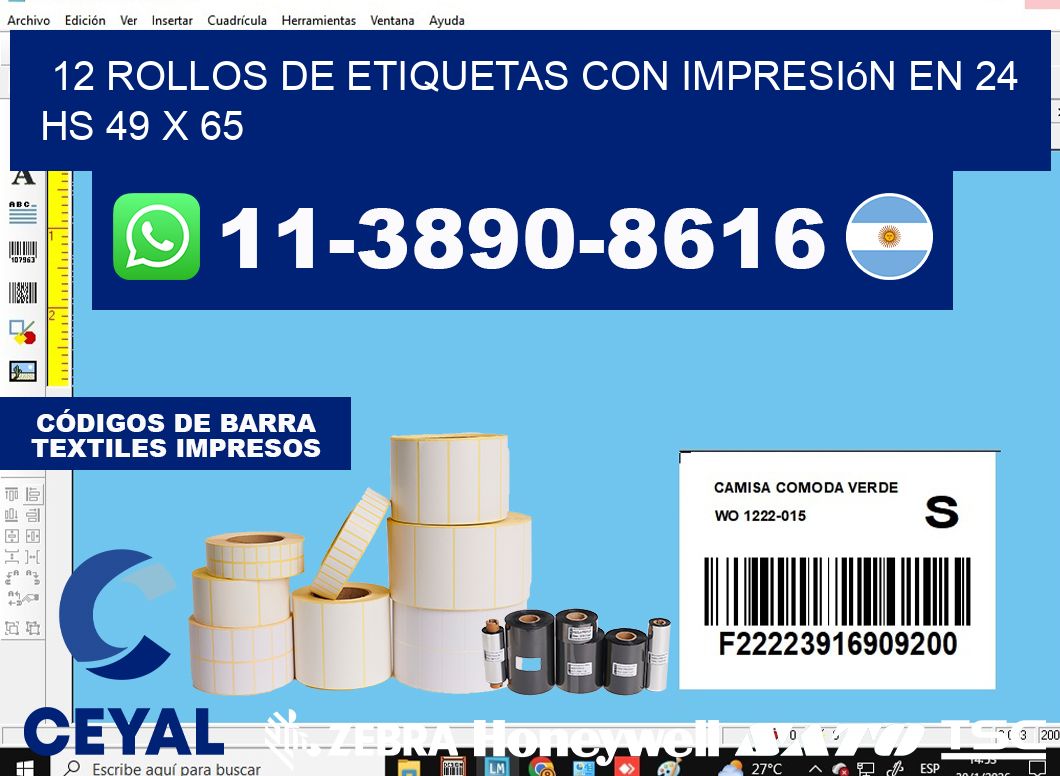 12 rollos de etiquetas con impresión en 24 hs 49 x 65