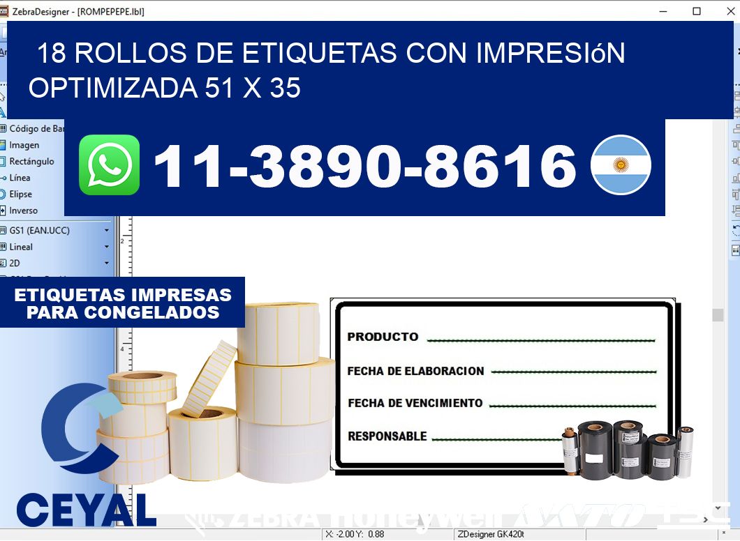 18 rollos de etiquetas con impresión optimizada 51 x 35