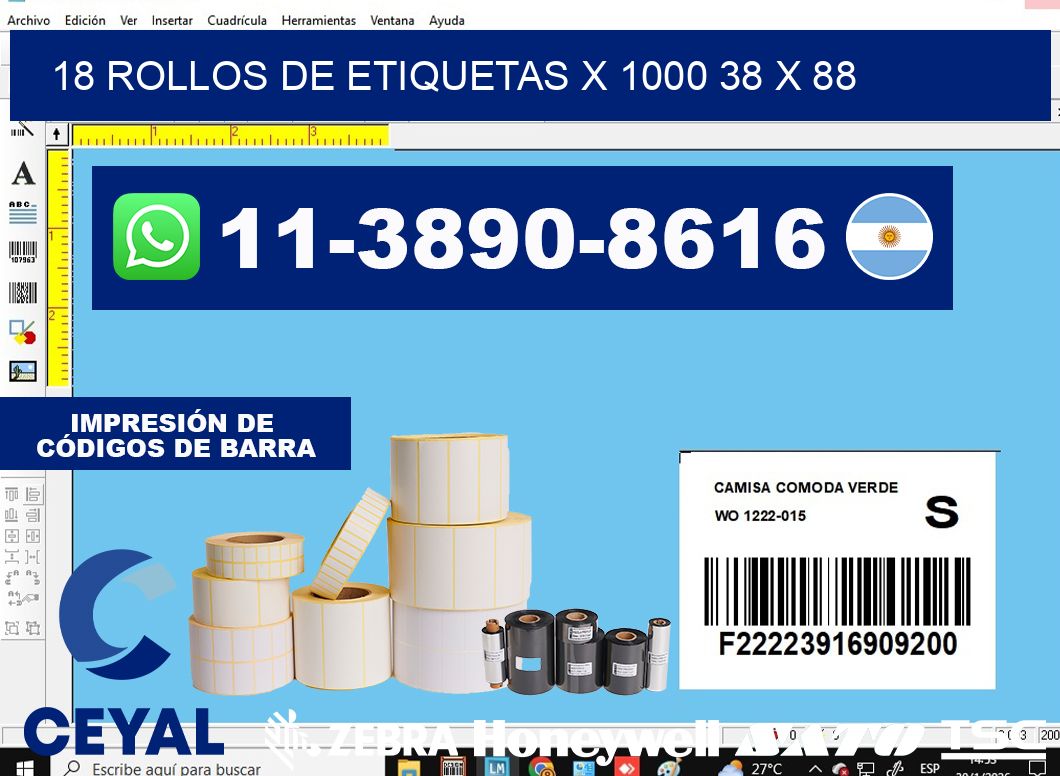 18 rollos de etiquetas x 1000 38 x 88