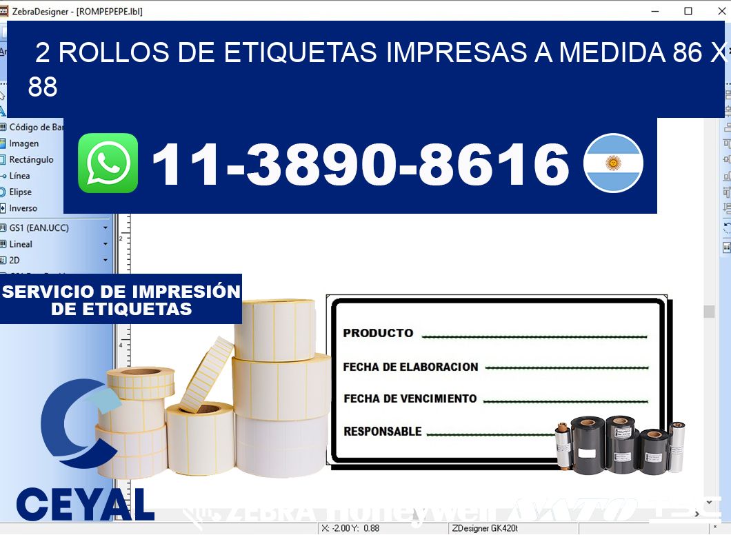 2 rollos de etiquetas impresas a medida 86 x 88