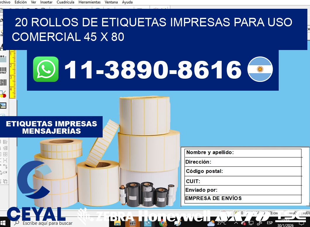20 rollos de etiquetas impresas para uso comercial 45 x 80
