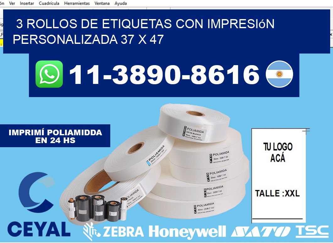 3 rollos de etiquetas con impresión personalizada 37 x 47