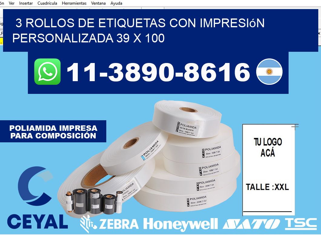 3 rollos de etiquetas con impresión personalizada 39 x 100