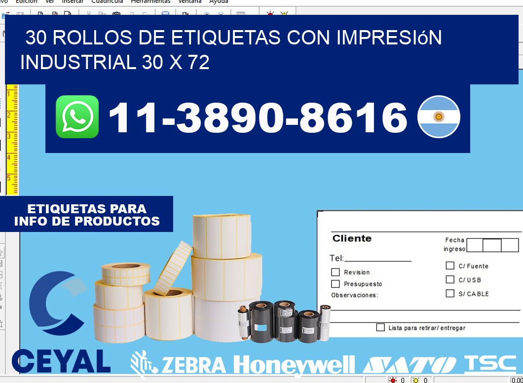 30 rollos de etiquetas con impresión industrial 30 x 72