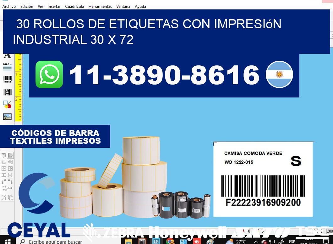 30 rollos de etiquetas con impresión industrial 30 x 72