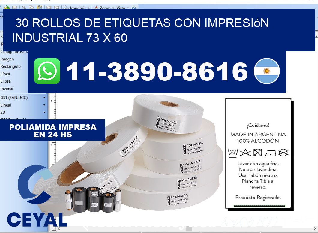 30 rollos de etiquetas con impresión industrial 73 x 60
