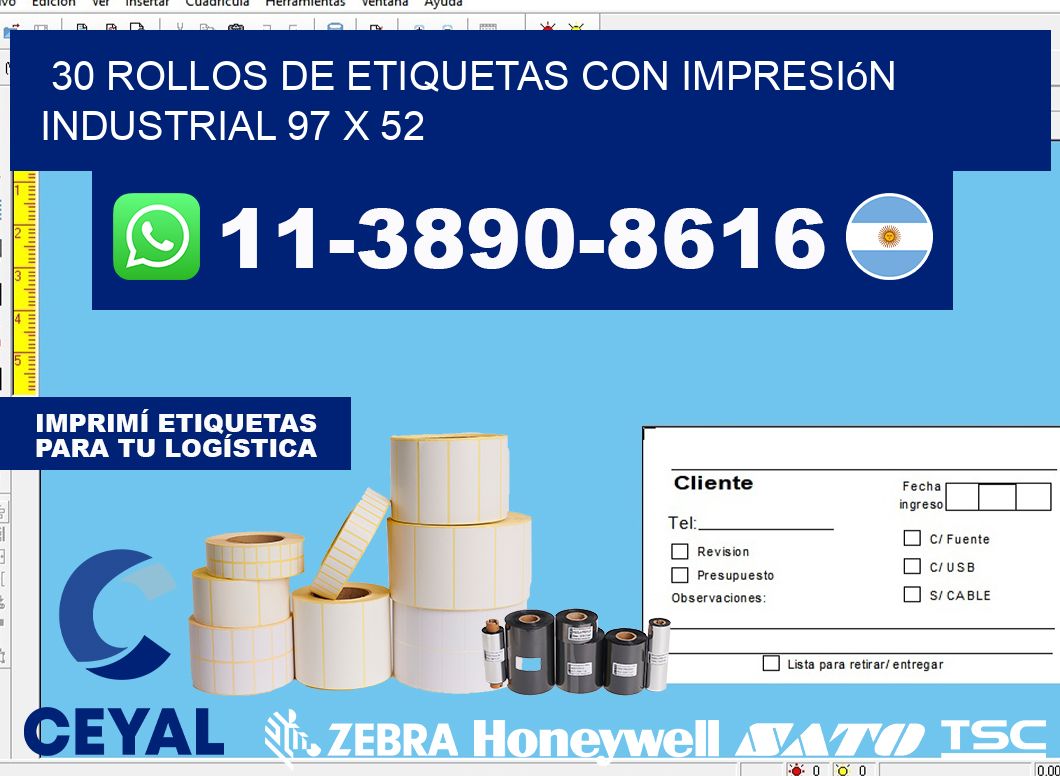 30 rollos de etiquetas con impresión industrial 97 x 52