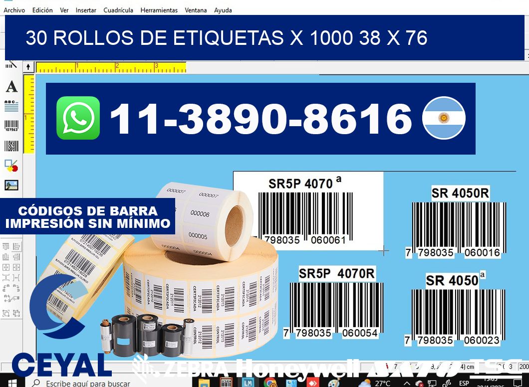 30 rollos de etiquetas x 1000 38 x 76
