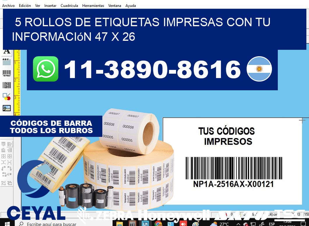 5 rollos de etiquetas impresas con tu información 47 x 26