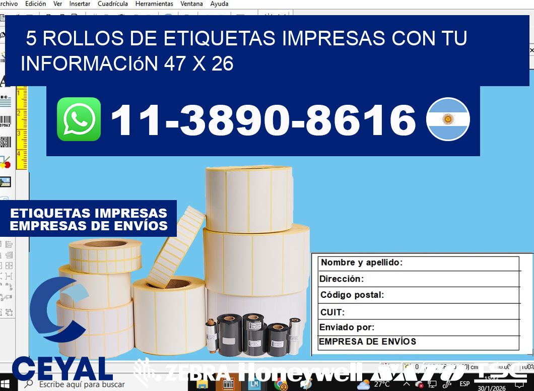 5 rollos de etiquetas impresas con tu información 47 x 26