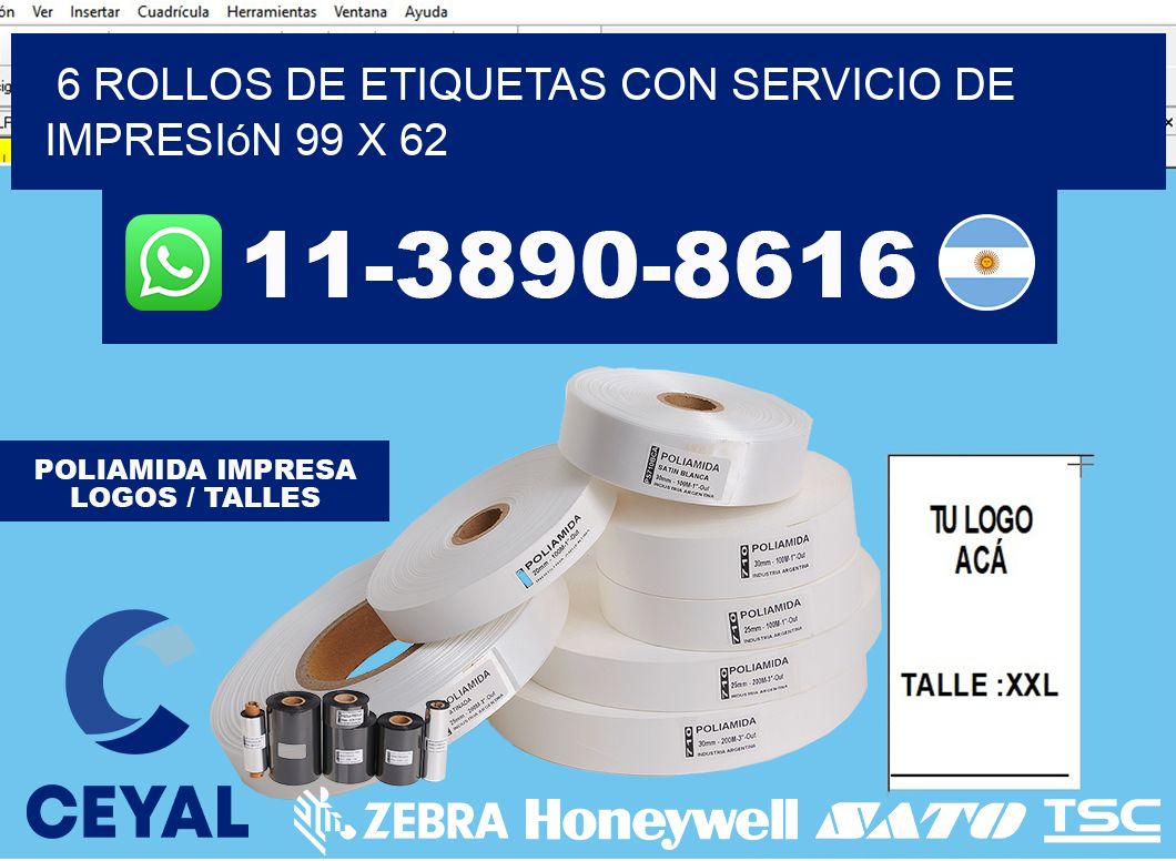 6 rollos de etiquetas con servicio de impresión 99 x 62