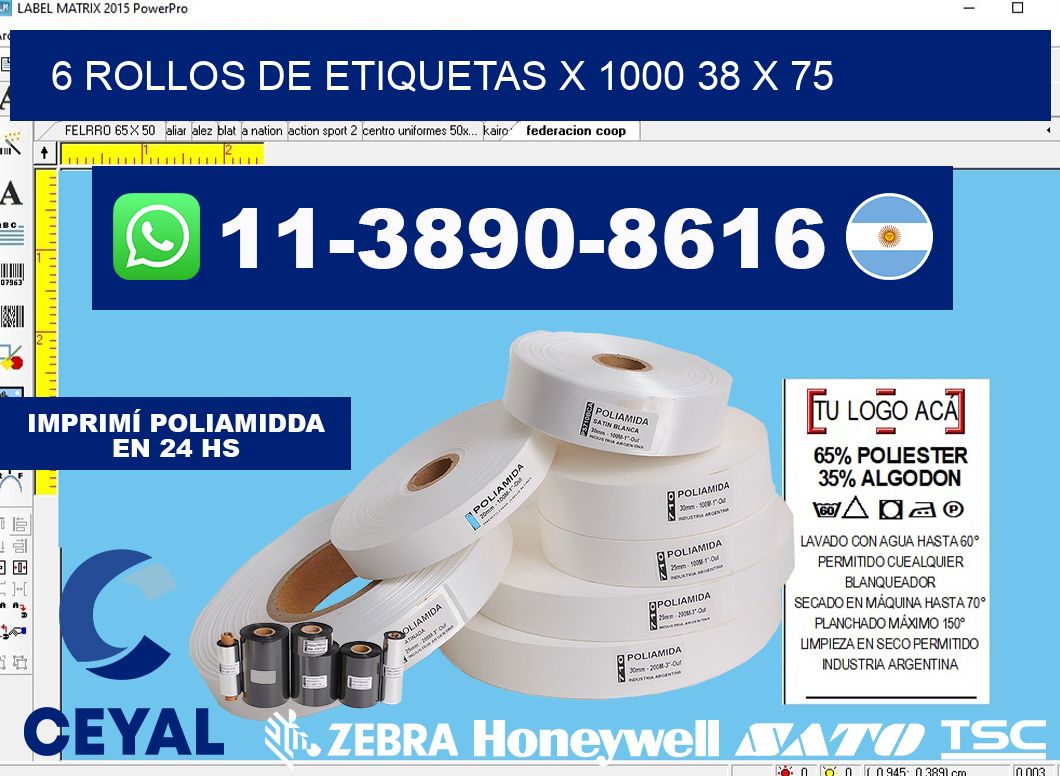 6 rollos de etiquetas x 1000 38 x 75