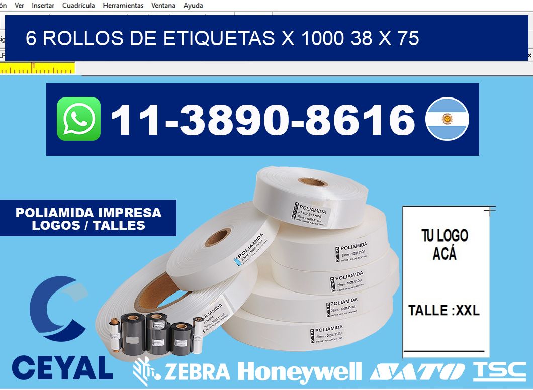6 rollos de etiquetas x 1000 38 x 75