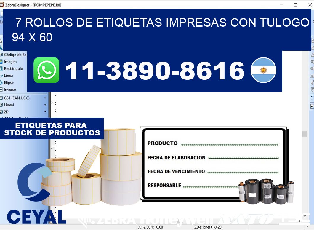 7 rollos de etiquetas impresas con tulogo 94 x 60